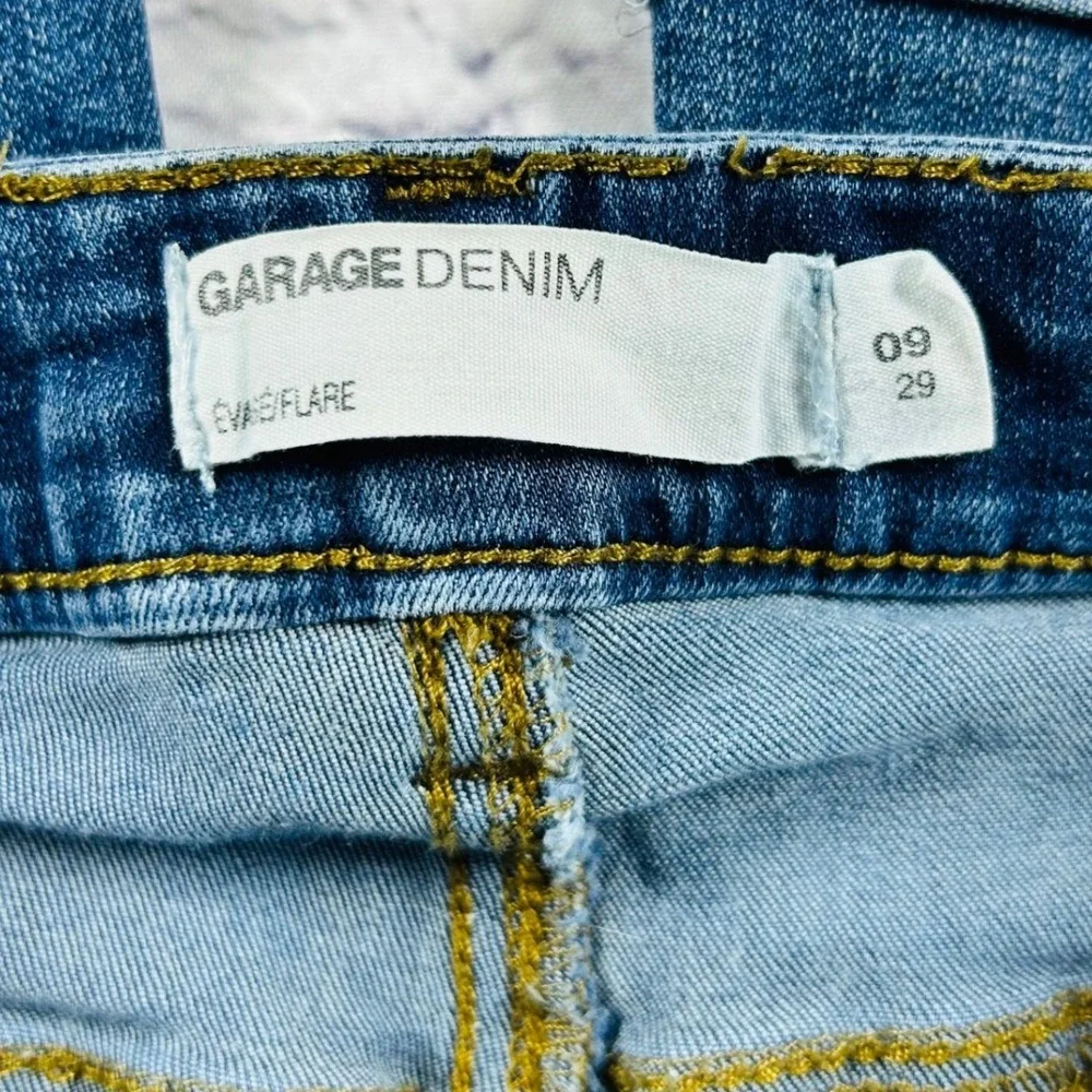 Garage Denim High Waist Flare Jeans Blue Raw Hem Size 9 29 Retro Inspired